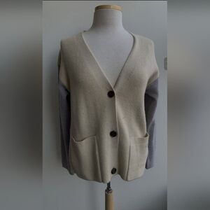 French Connection Cream Light Grey Colorblock Button Up Knit Cardigan size S